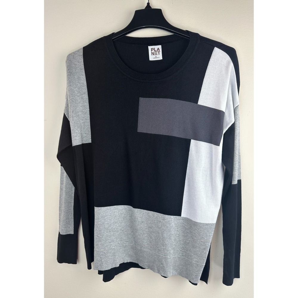 PLANET by Lauren G Colorblock Sweater Womens One Size Black Grey White Lagenlook - Picture 3 of 12